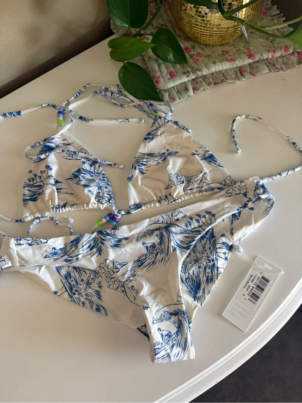 Frankie's Bikinis White & Blue Floral Wrap Triangle Top